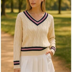 NWT Nicole Miller Cozy Cable Knit Sweater Quiet Luxury Tenniscore Preppy Sz Med